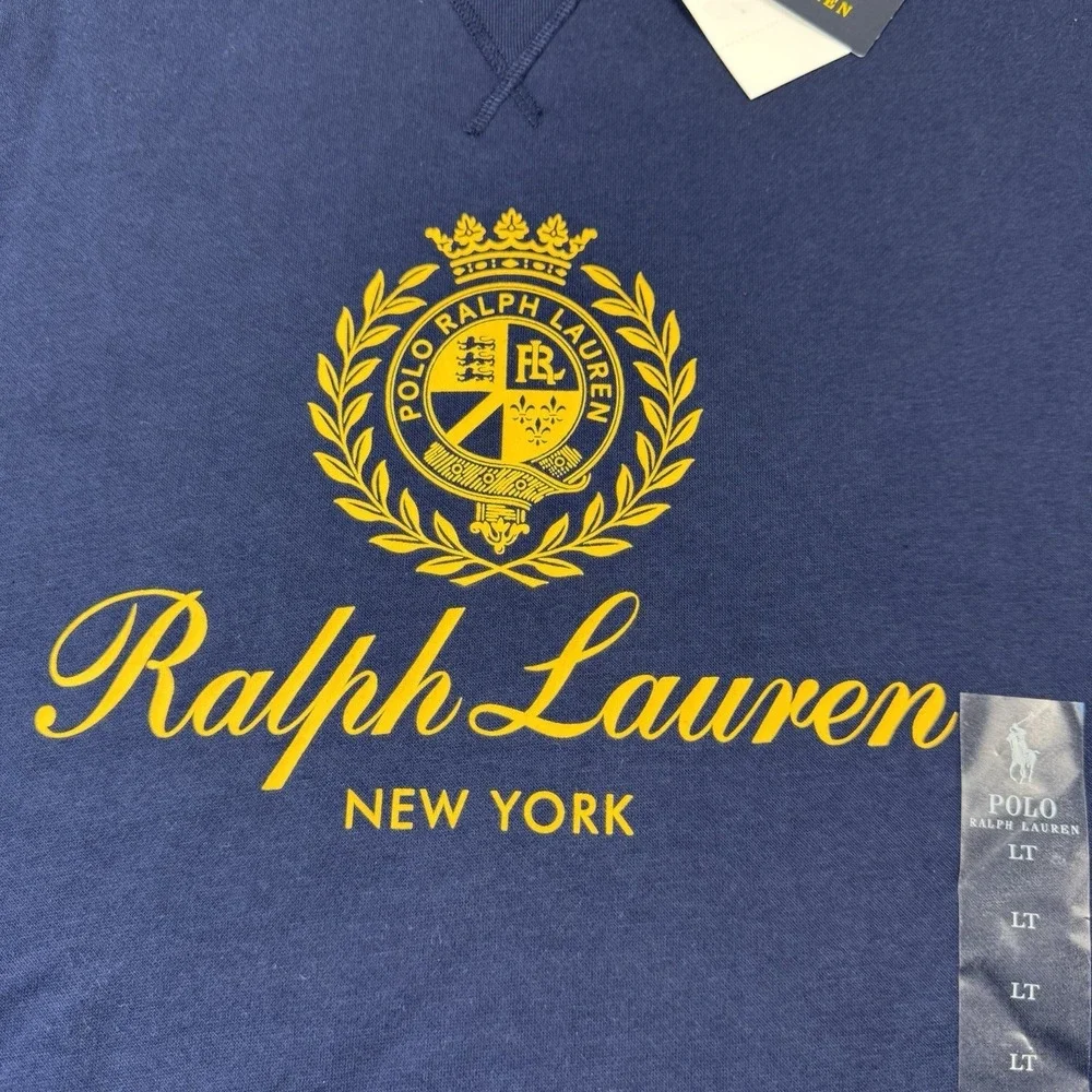 Polo Ralph Lauren Blue Gold Fleece Lined Crest Graphic Crewneck L Tall NWT